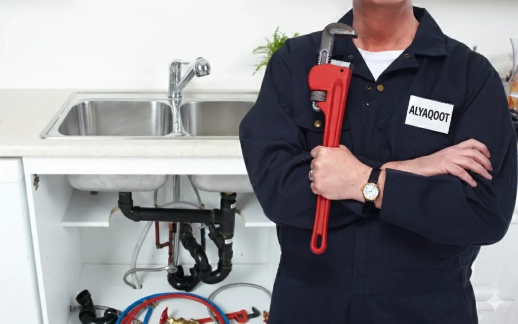 Professional Alyaqoot plumber holding a wrench next to a newly installed double sink kitchen drainage system