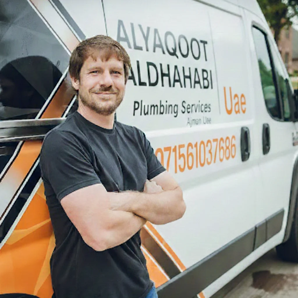Professional Alyaqoot Aldhaabi plumber standing by a branded service van for expert plumbing solutions