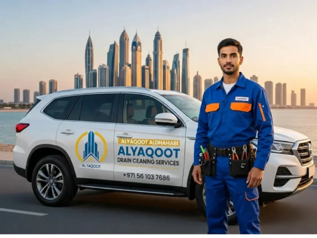 Professional Alyaaqot Aldhahabi technician with a branded service vehicle providing drain cleaning services.